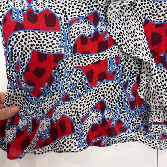 Parker Peplum Top Leopard Silk Small Red White Cheetah Print Ruffle Short Sleeve - Picture 11 of 14